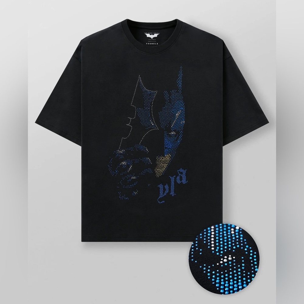 YoungLA 4257 Batman Rhinestone Tee, Black Wash, Size M, NWT